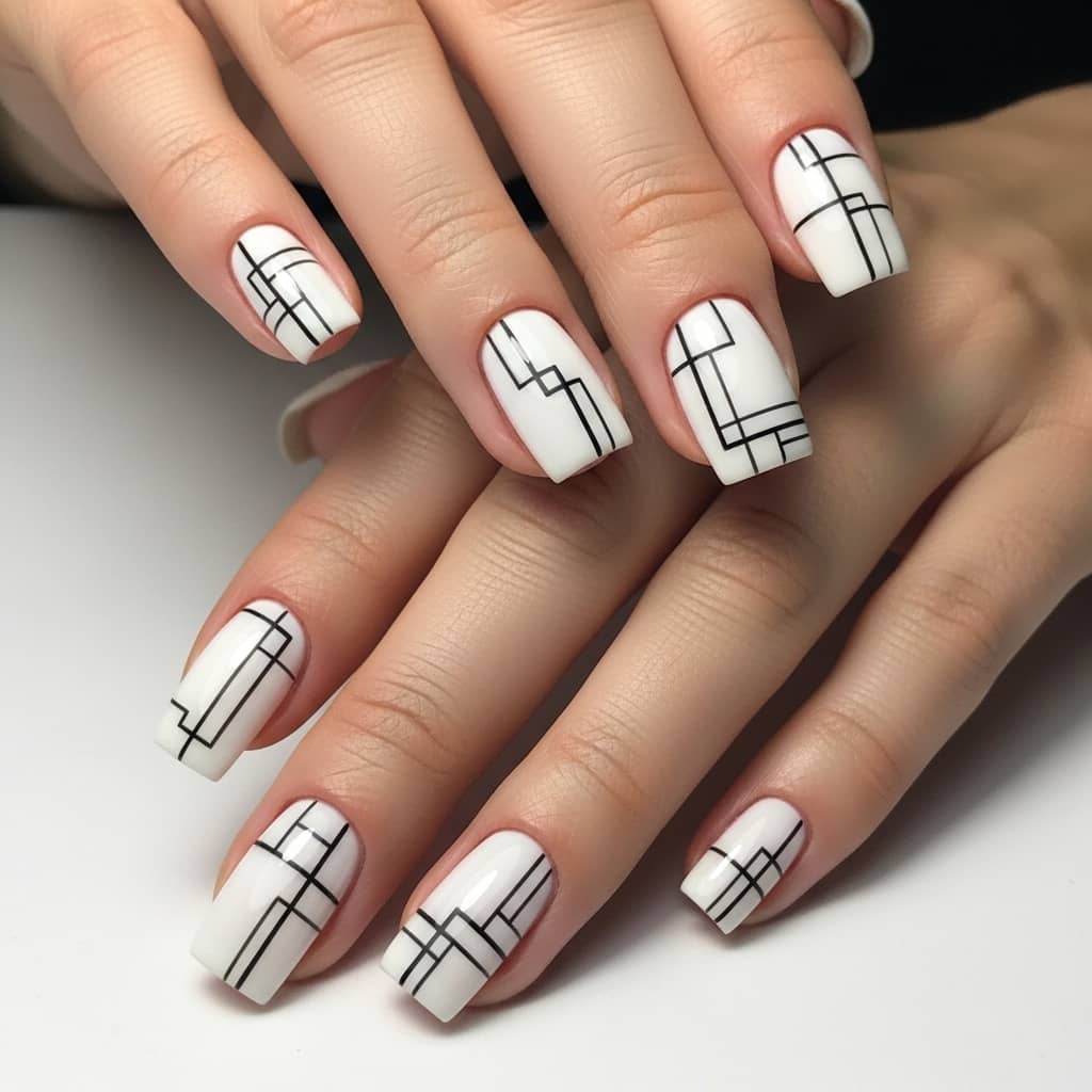 minimalist nail art design with white base and black lines