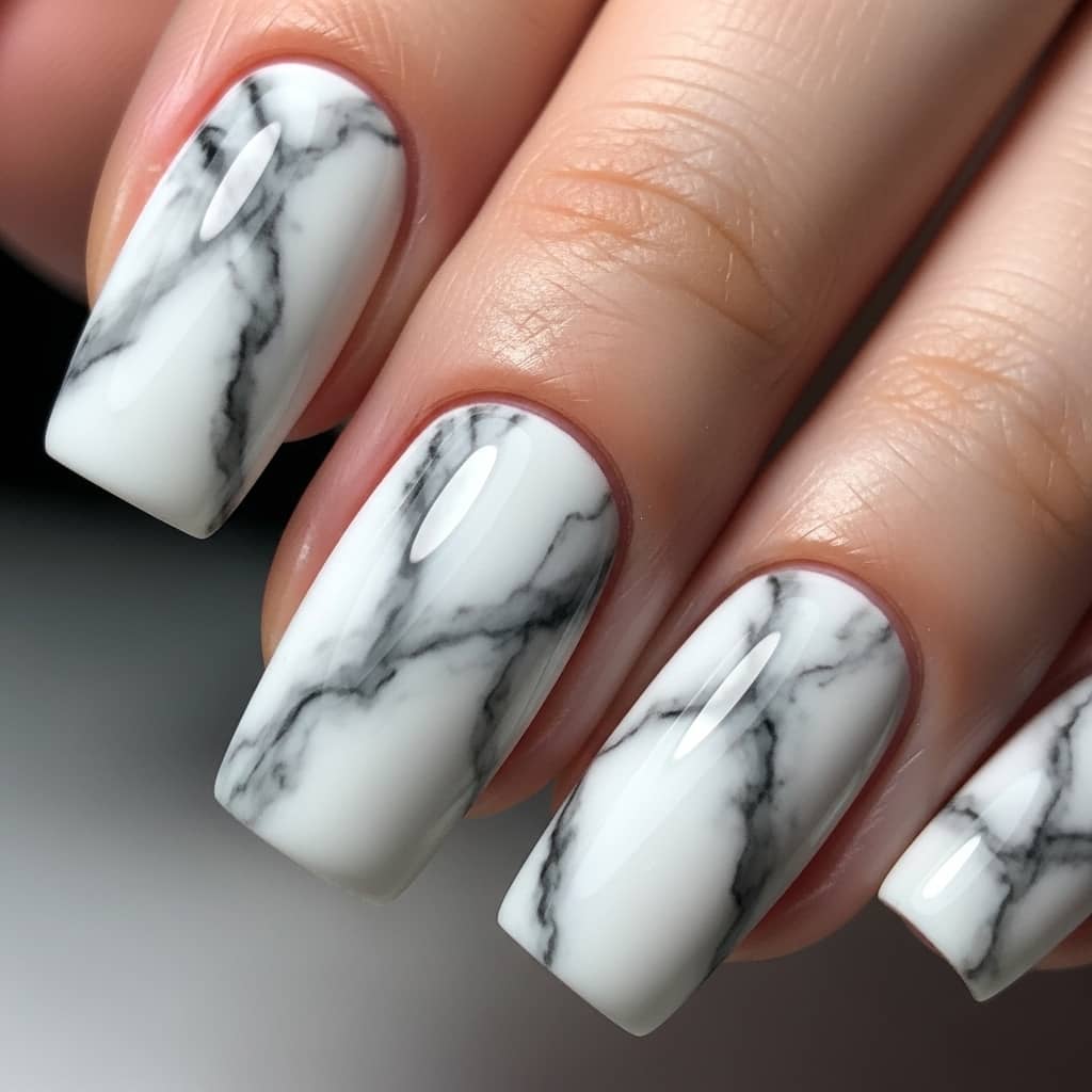 elegant marble nail art design with white base