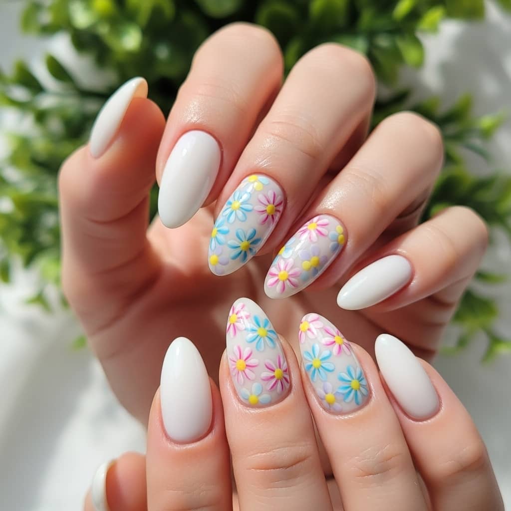  floral nail art design with white base for spring