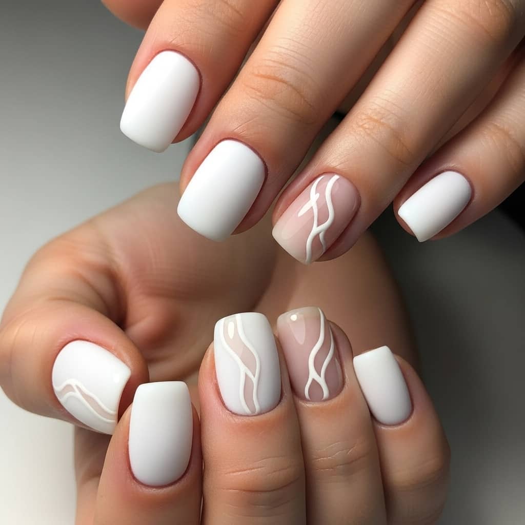 matte nail art design with white base and glossy detail